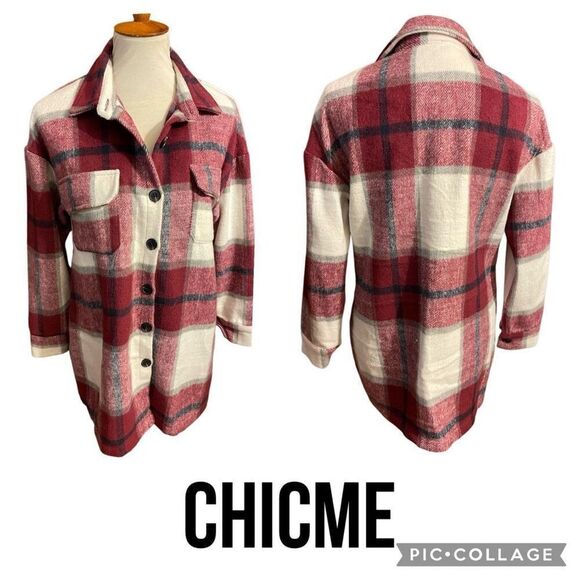 Chicme Burgundy and White Plaid Long Sleeve Women’s Button Down Flannel Size Med - Picture 1 of 12